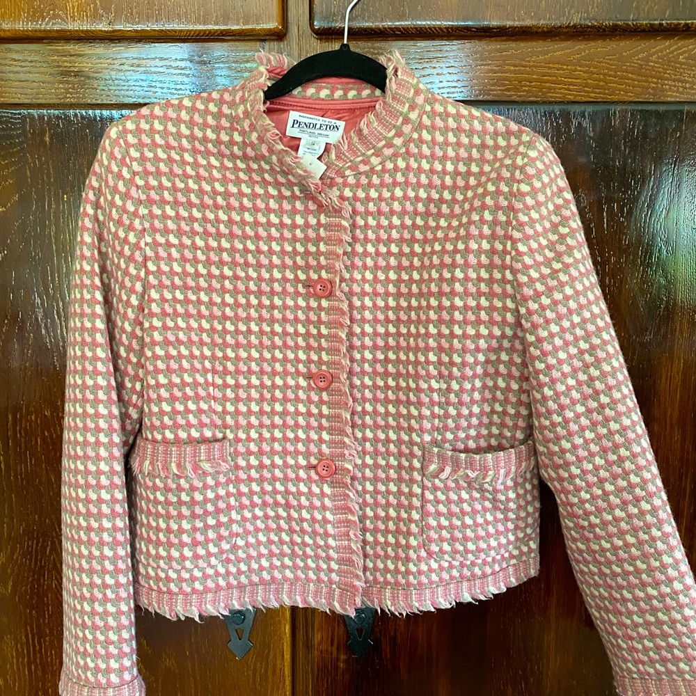 Pendleton Plaid Houndstooth Woven Fringe Trim Tweed Blazer—pink—made in USA